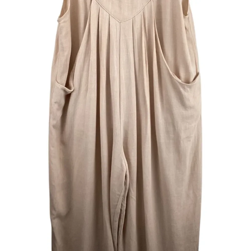 Miss Sparkling Wide Leg Jumpsuit Small Beige Linen Blend BOHO Wide Leg Flowy - Picture 5 of 13